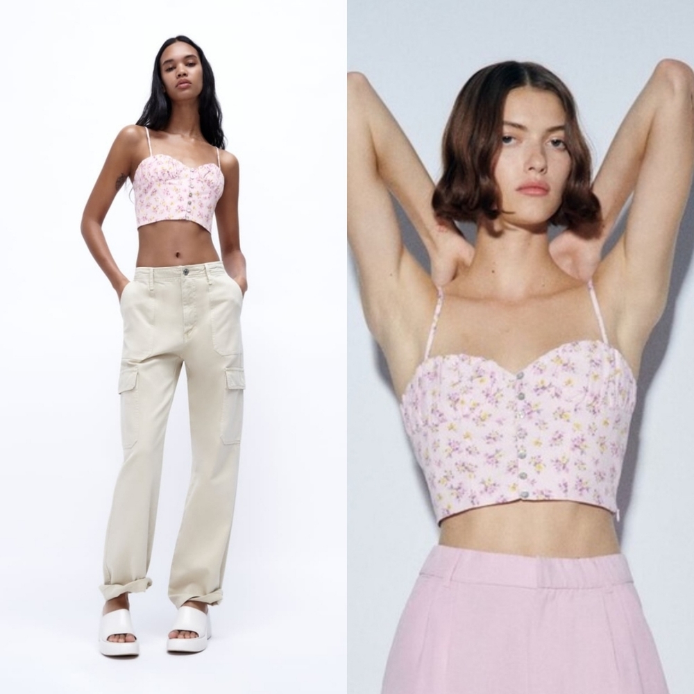 🌞ZARA Floral Print Buttom Up Ruched Back Linen Blend Crop Top